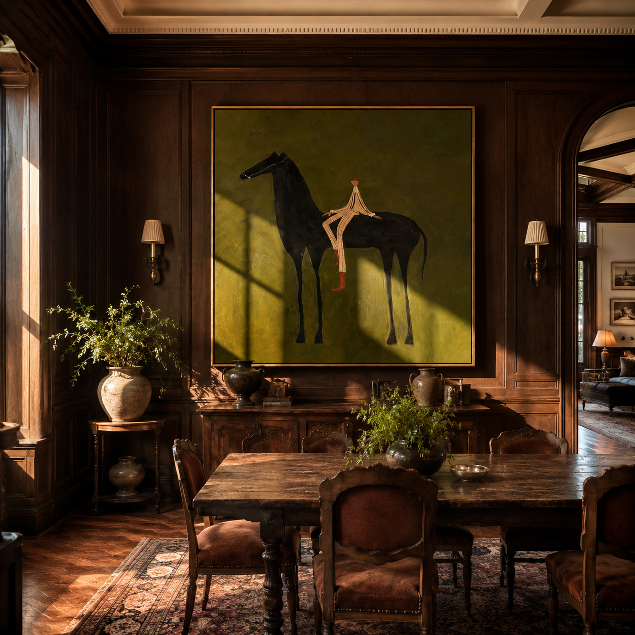 The Pale Rider Rests on the Black Horse - black horse rider painting by Isabelle Laurent, modern Western square wall art – styled room scene view 3