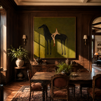 The Pale Rider Rests on the Black Horse - black horse rider painting by Isabelle Laurent, modern Western square wall art – styled room scene view 3