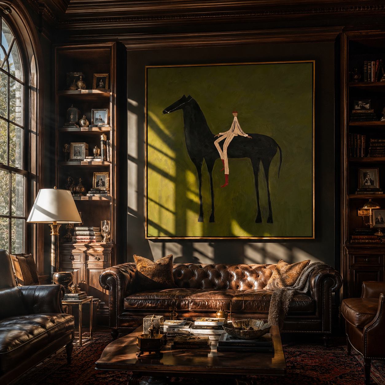 The Pale Rider Rests on the Black Horse - black horse rider painting by Isabelle Laurent, modern Western square wall art – styled room scene view 4