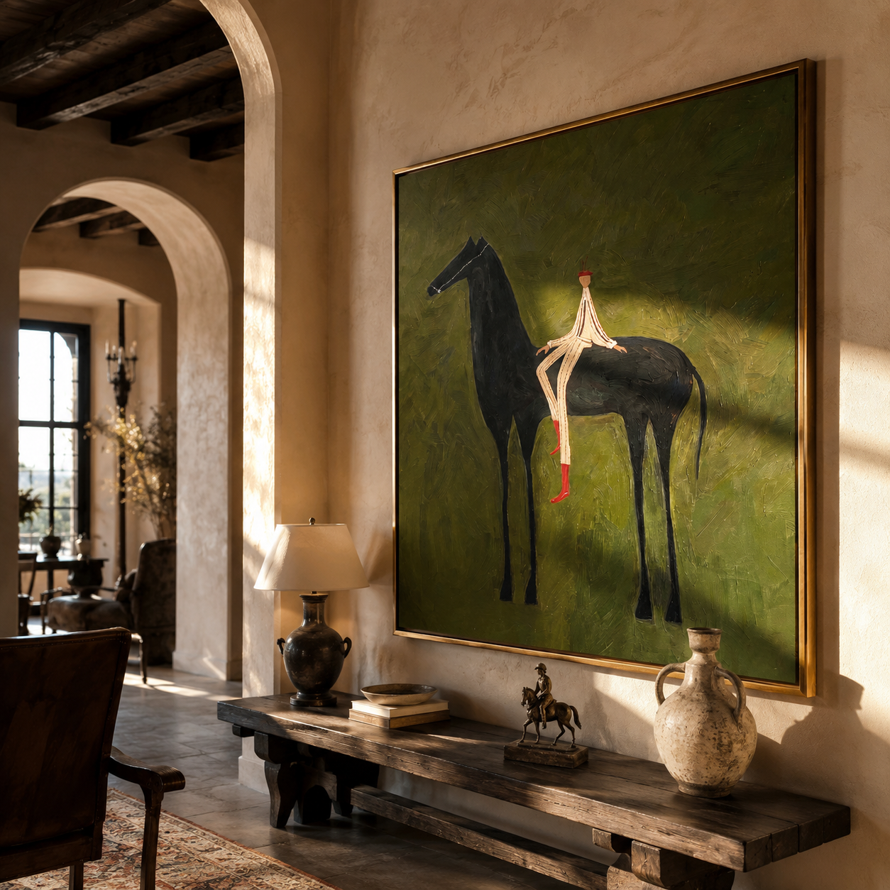 The Pale Rider Rests on the Black Horse - black horse rider painting by Isabelle Laurent, modern Western square wall art – styled room scene view 5