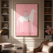 Blue Rider Floats across the Pink Field - white horse rider painting by Isabelle Laurent, modern Western vertical wall art – styled room scene view 1