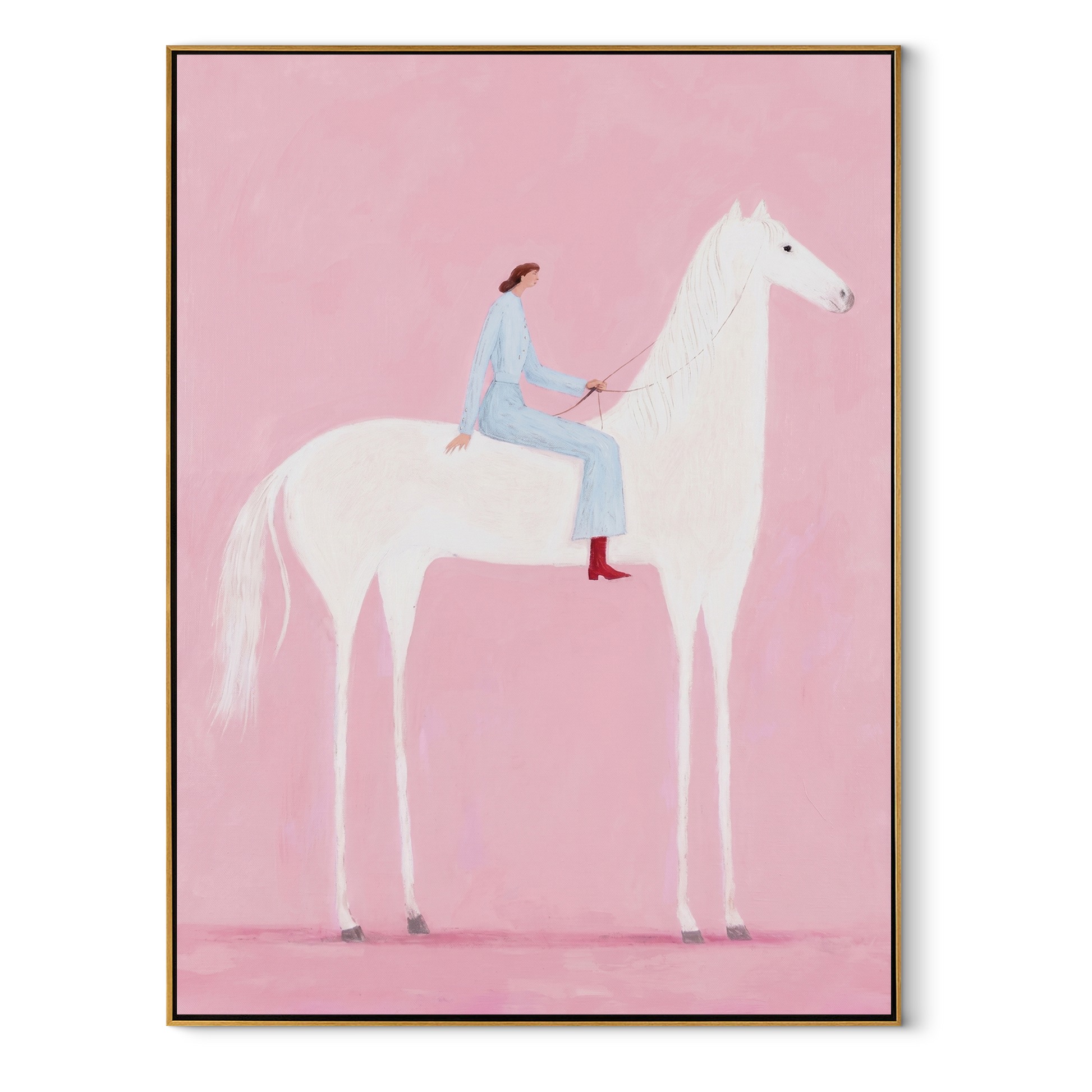 Blue Rider Floats across the Pink Field - white horse rider painting by Isabelle Laurent, modern Western vertical wall art – wood frame on white background