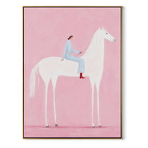 Blue Rider Floats across the Pink Field - white horse rider painting by Isabelle Laurent, modern Western vertical wall art – wood frame on white background