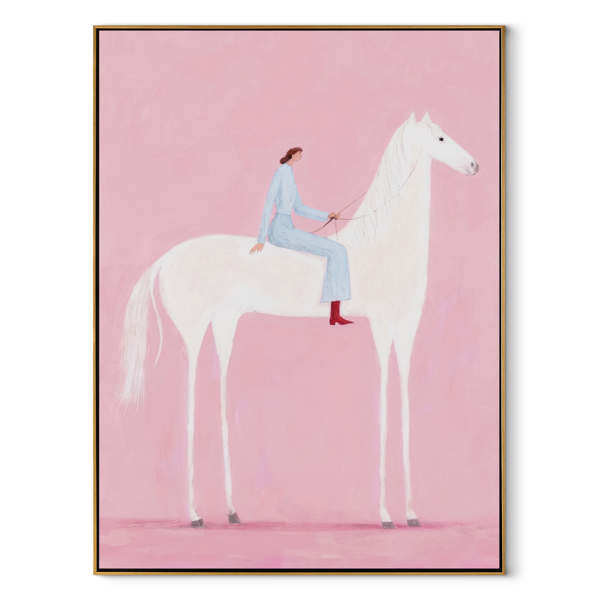 Blue Rider Floats across the Pink Field - white horse rider painting by Isabelle Laurent, modern Western vertical wall art – wood frame on white background