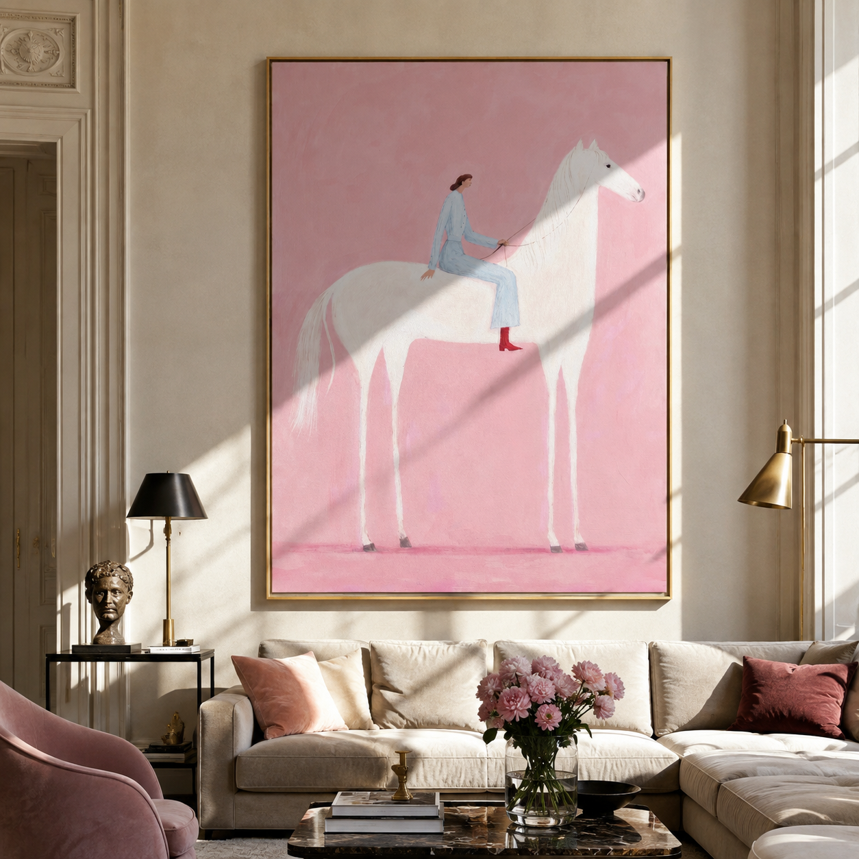 Blue Rider Floats across the Pink Field - white horse rider painting by Isabelle Laurent, modern Western vertical wall art – styled room scene view 2