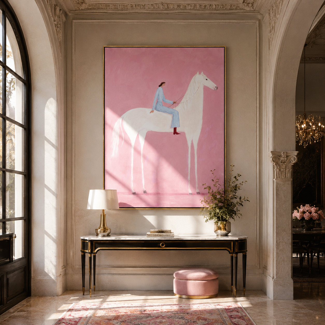 Blue Rider Floats across the Pink Field - white horse rider painting by Isabelle Laurent, modern Western vertical wall art – styled room scene view 3