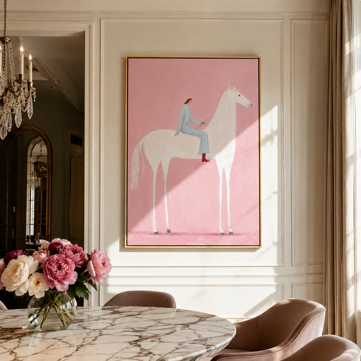 Blue Rider Floats across the Pink Field - white horse rider painting by Isabelle Laurent, modern Western vertical wall art – styled room scene view 4