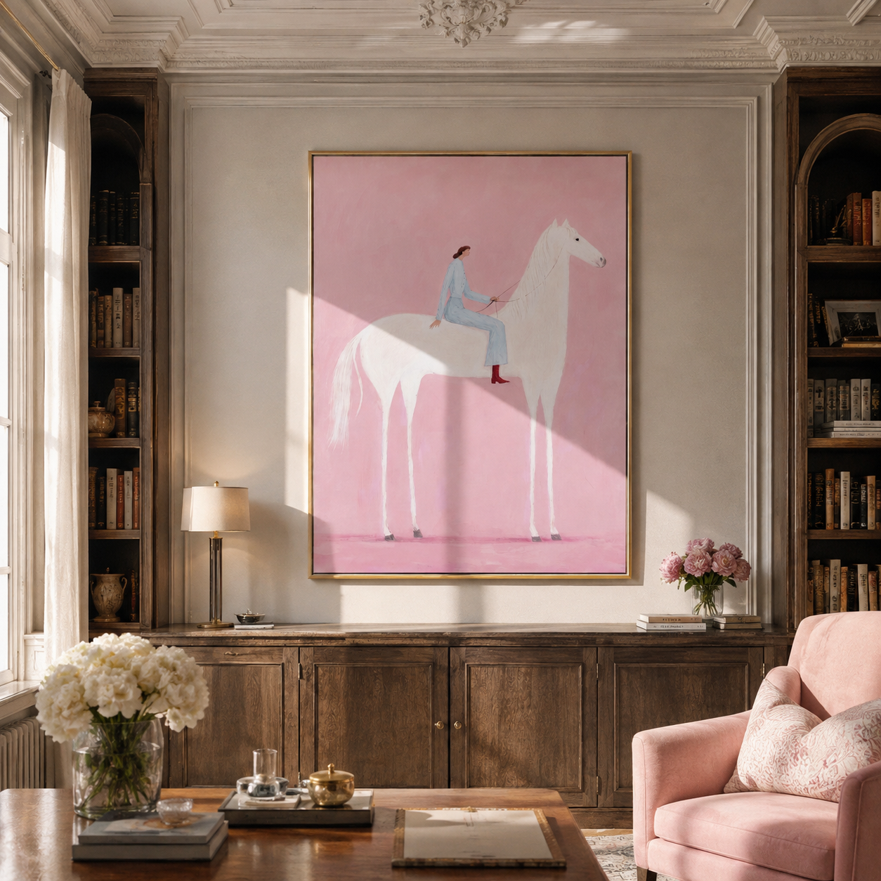 Blue Rider Floats across the Pink Field - white horse rider painting by Isabelle Laurent, modern Western vertical wall art – styled room scene view 5