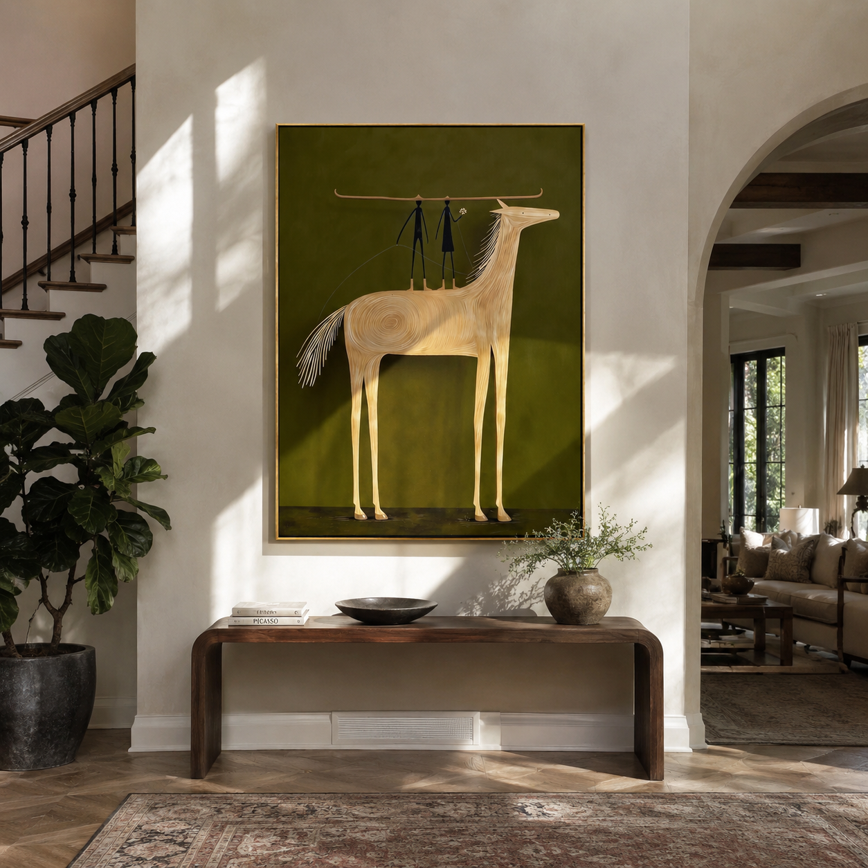 Two Figures Stand above the Pale Horse - horse and two figures painting by Isabelle Laurent, modern Western vertical wall art – styled room scene view 1