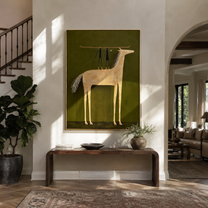 Two Figures Stand above the Pale Horse - horse and two figures painting by Isabelle Laurent, modern Western vertical wall art – styled room scene view 1