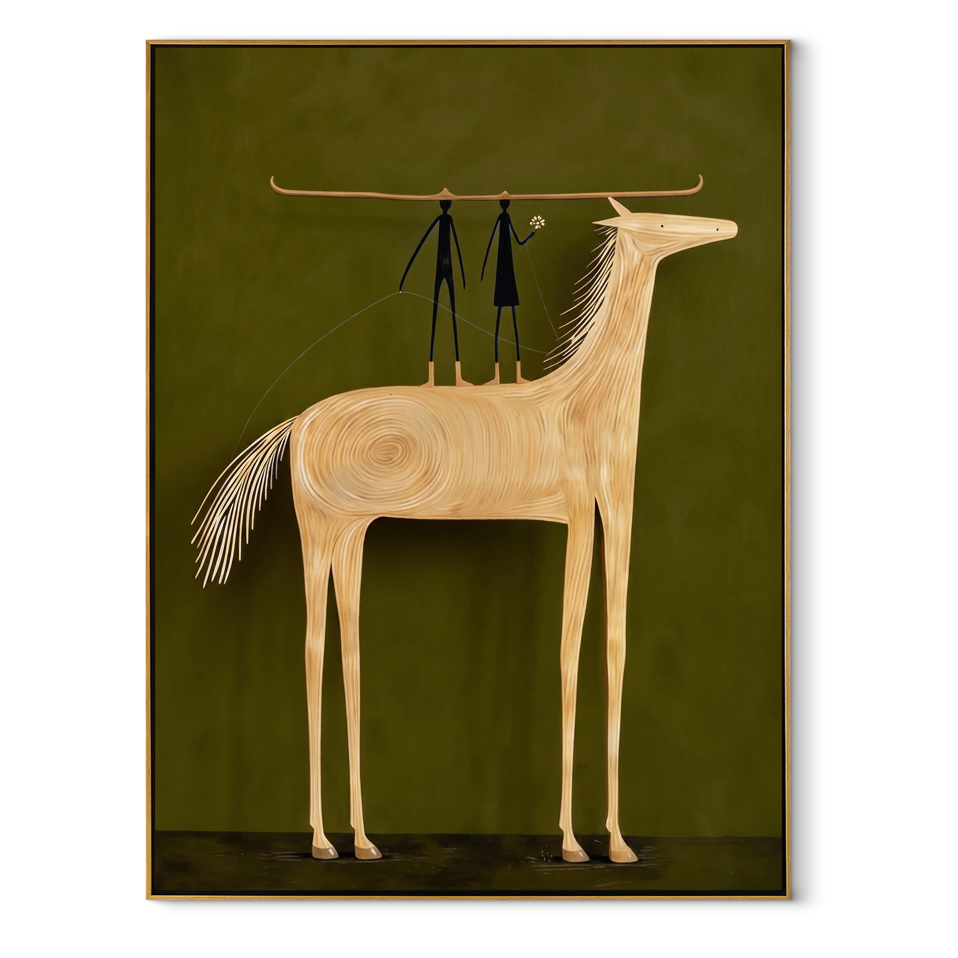 Two Figures Stand above the Pale Horse - horse and two figures painting by Isabelle Laurent, modern Western vertical wall art – wood frame on white background
