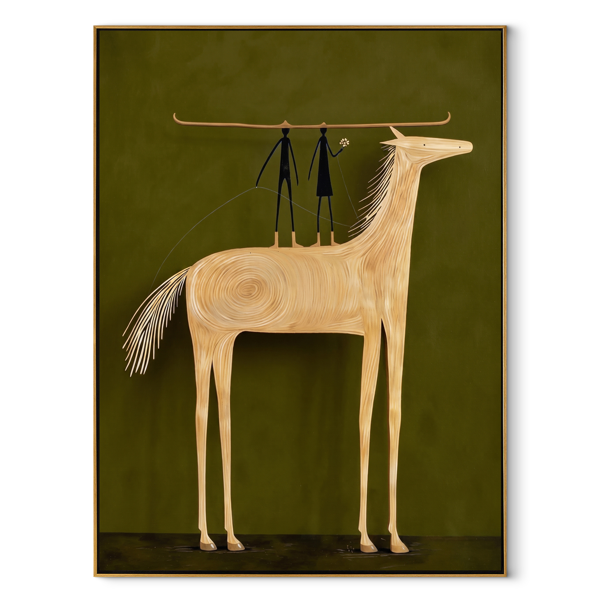 Two Figures Stand above the Pale Horse - horse and two figures painting by Isabelle Laurent, modern Western vertical wall art – wood frame on white background