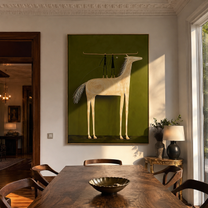 Two Figures Stand above the Pale Horse - horse and two figures painting by Isabelle Laurent, modern Western vertical wall art – styled room scene view 2