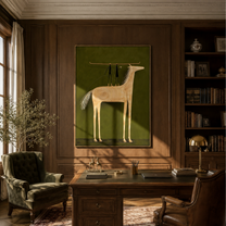 Two Figures Stand above the Pale Horse - horse and two figures painting by Isabelle Laurent, modern Western vertical wall art – styled room scene view 3