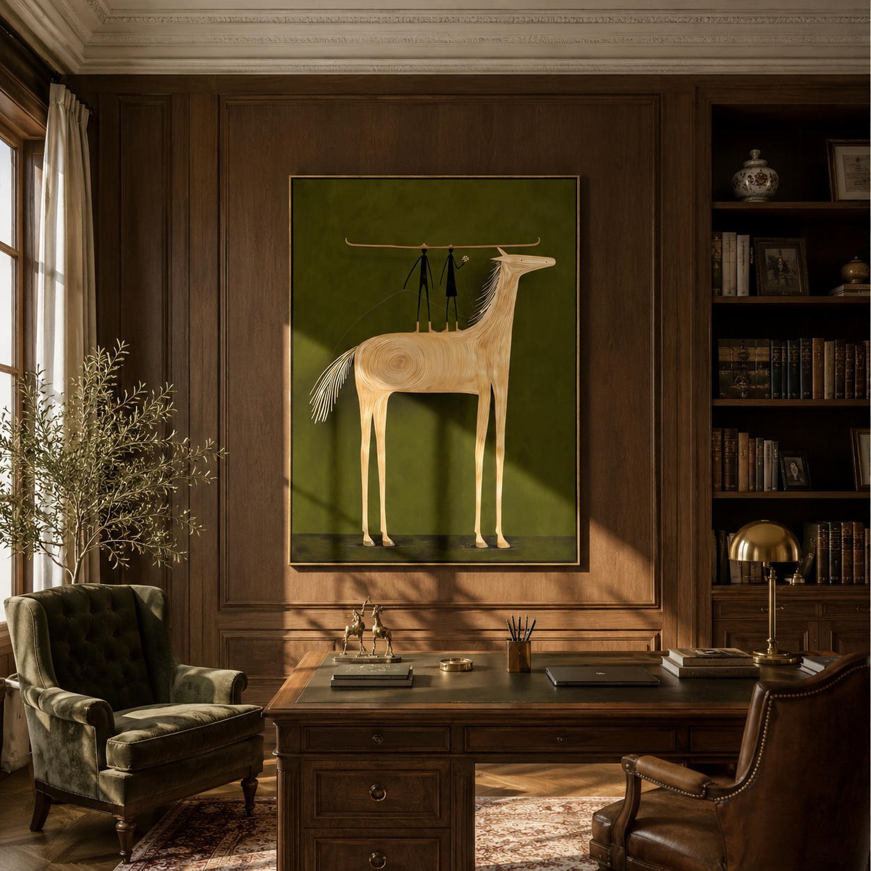 Two Figures Stand above the Pale Horse - horse and two figures painting by Isabelle Laurent, modern Western vertical wall art – styled room scene view 3