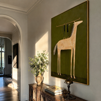 Two Figures Stand above the Pale Horse - horse and two figures painting by Isabelle Laurent, modern Western vertical wall art – styled room scene view 4