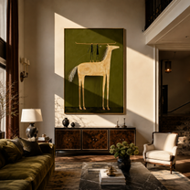 Two Figures Stand above the Pale Horse - horse and two figures painting by Isabelle Laurent, modern Western vertical wall art – styled room scene view 5