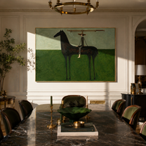 The Long Brim Crosses the Green Horizon - black horse rider painting by Isabelle Laurent, modern Western horizontal wall art – styled room scene view 1