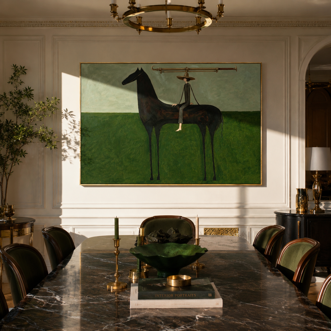 The Long Brim Crosses the Green Horizon - black horse rider painting by Isabelle Laurent, modern Western horizontal wall art – styled room scene view 1