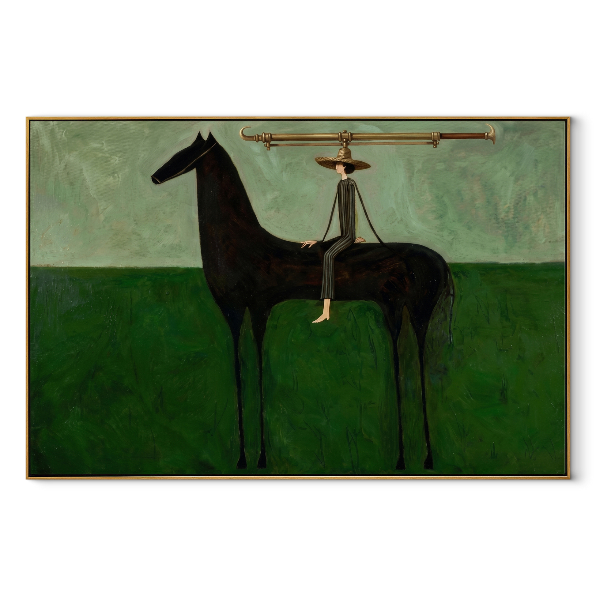 The Long Brim Crosses the Green Horizon - black horse rider painting by Isabelle Laurent, modern Western horizontal wall art – wood frame on white background