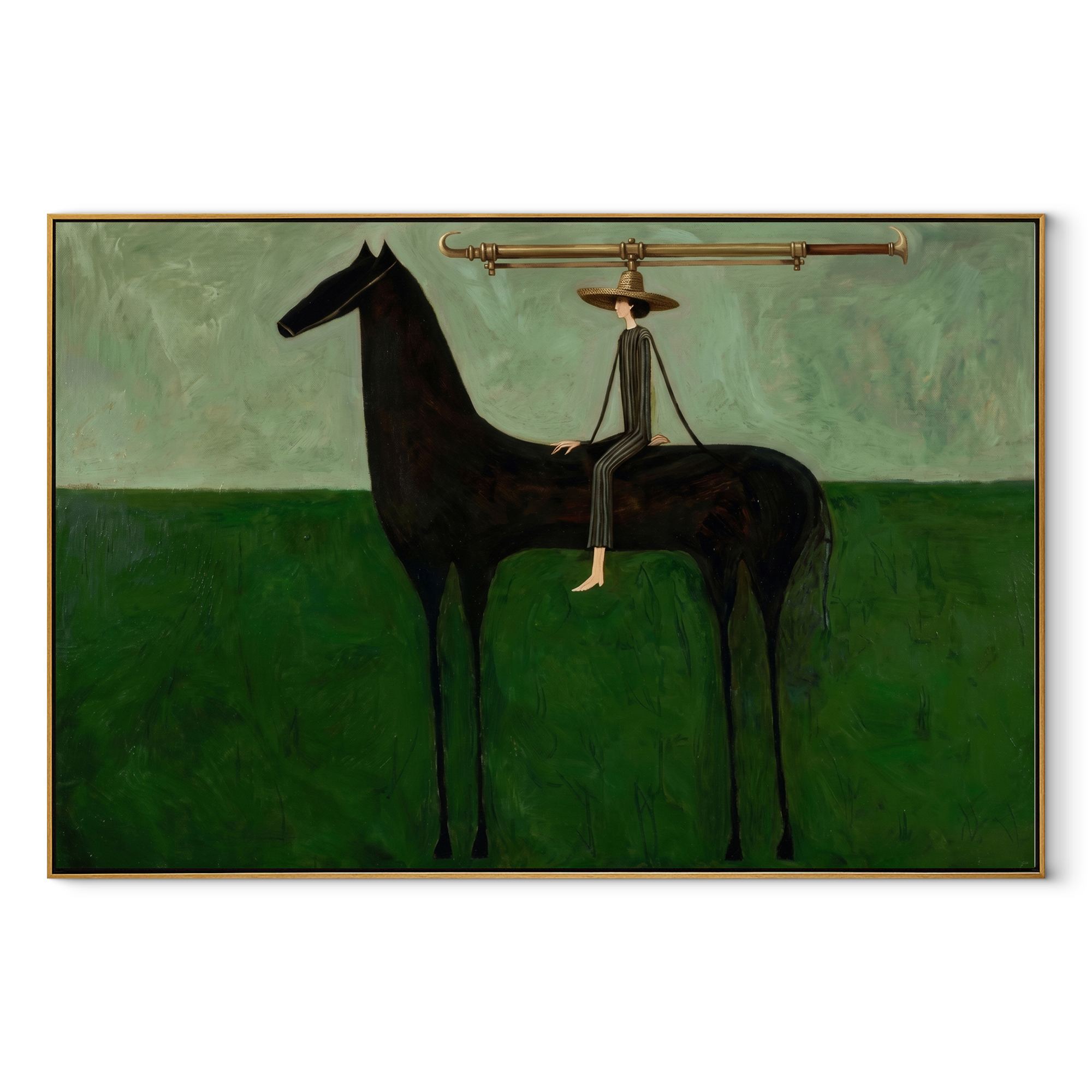 The Long Brim Crosses the Green Horizon - black horse rider painting by Isabelle Laurent, modern Western horizontal wall art – wood frame on white background