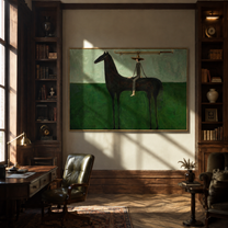 The Long Brim Crosses the Green Horizon - black horse rider painting by Isabelle Laurent, modern Western horizontal wall art – styled room scene view 2