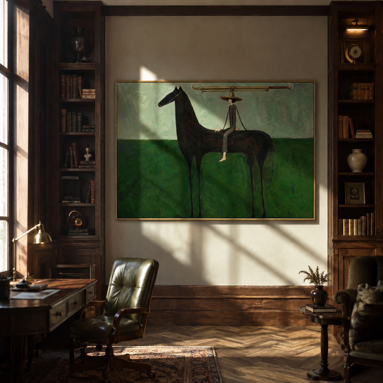 The Long Brim Crosses the Green Horizon - black horse rider painting by Isabelle Laurent, modern Western horizontal wall art – styled room scene view 2