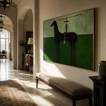 The Long Brim Crosses the Green Horizon - black horse rider painting by Isabelle Laurent, modern Western horizontal wall art – styled room scene view 3