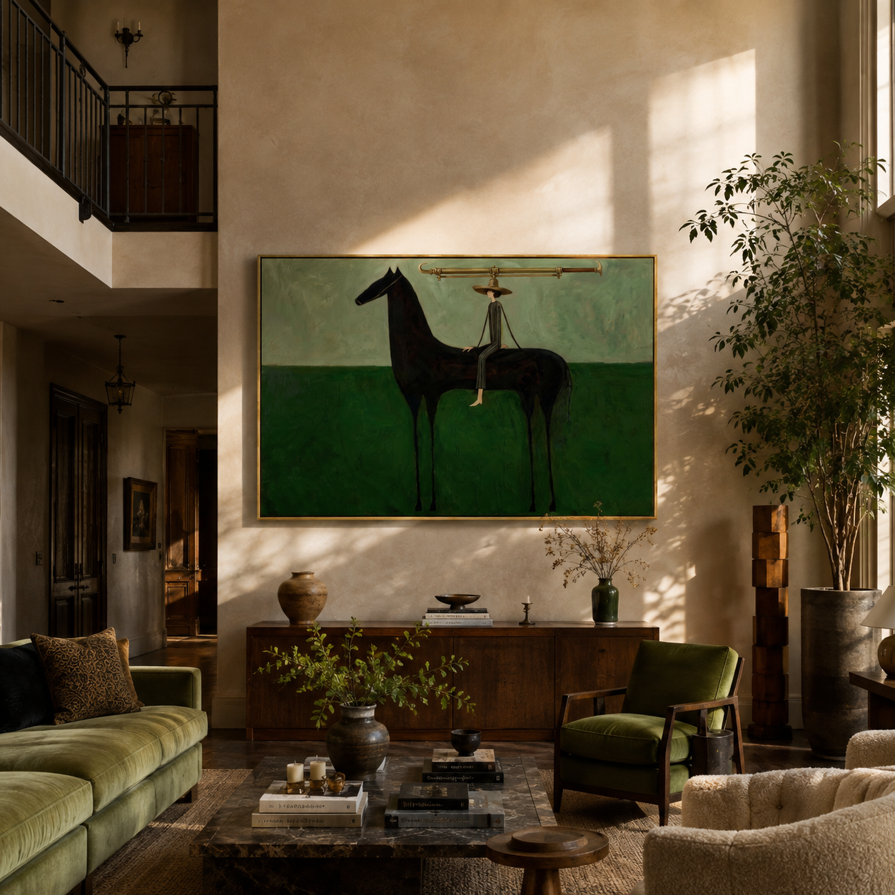 The Long Brim Crosses the Green Horizon - black horse rider painting by Isabelle Laurent, modern Western horizontal wall art – styled room scene view 4