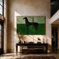 The Long Brim Crosses the Green Horizon - black horse rider painting by Isabelle Laurent, modern Western horizontal wall art – styled room scene view 5