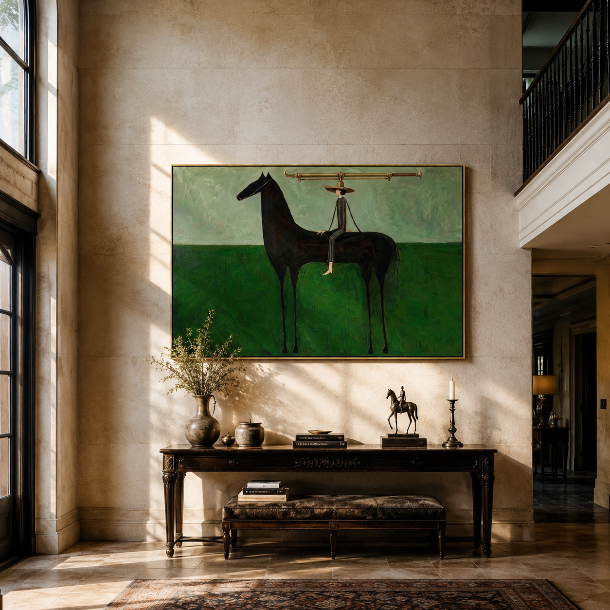 The Long Brim Crosses the Green Horizon - black horse rider painting by Isabelle Laurent, modern Western horizontal wall art – styled room scene view 5