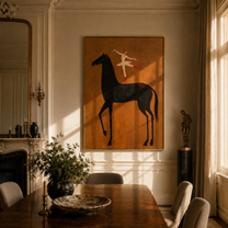White Acrobat Reaches across the Black Horse - acrobat on black horse painting by Isabelle Laurent, modern Western vertical wall art – styled room scene view 1
