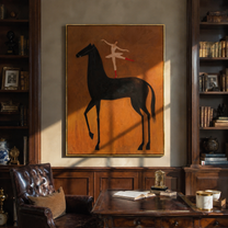 White Acrobat Reaches across the Black Horse - acrobat on black horse painting by Isabelle Laurent, modern Western vertical wall art – styled room scene view 2