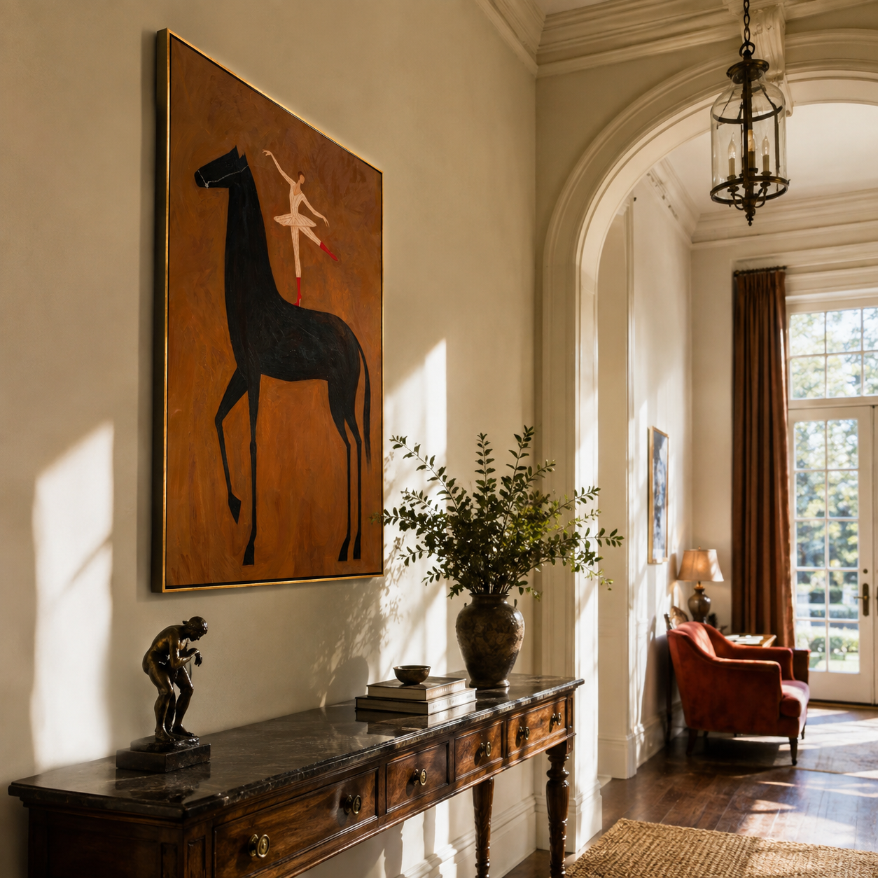 White Acrobat Reaches across the Black Horse - acrobat on black horse painting by Isabelle Laurent, modern Western vertical wall art – styled room scene view 3