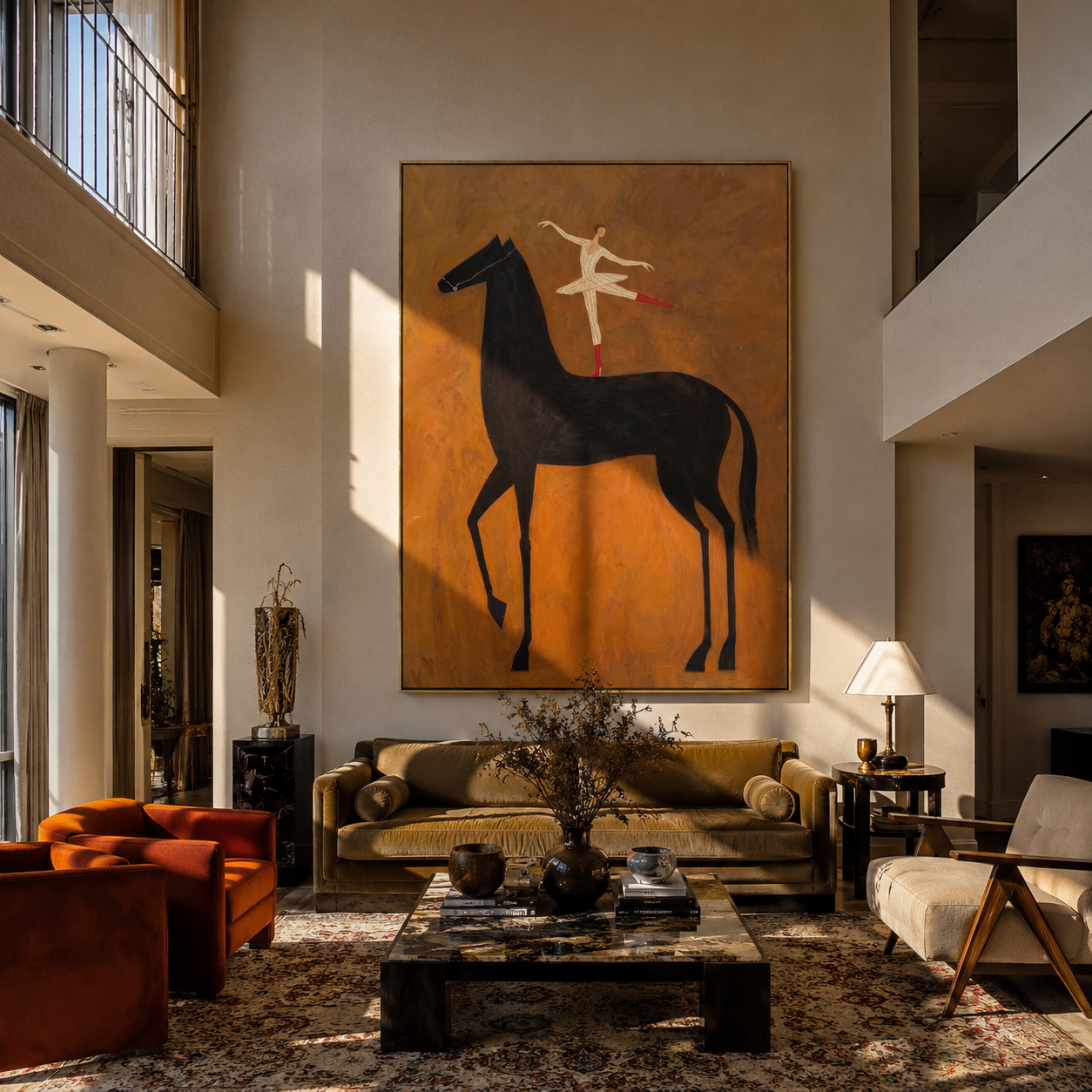White Acrobat Reaches across the Black Horse - acrobat on black horse painting by Isabelle Laurent, modern Western vertical wall art – styled room scene view 4