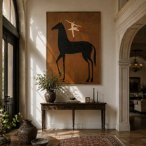 White Acrobat Reaches across the Black Horse - acrobat on black horse painting by Isabelle Laurent, modern Western vertical wall art – styled room scene view 5