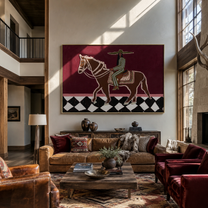 Green Stripes Ride across the Checked Ground - graphic horse rider painting by Isabelle Laurent, modern Western horizontal wall art – styled room scene view 1