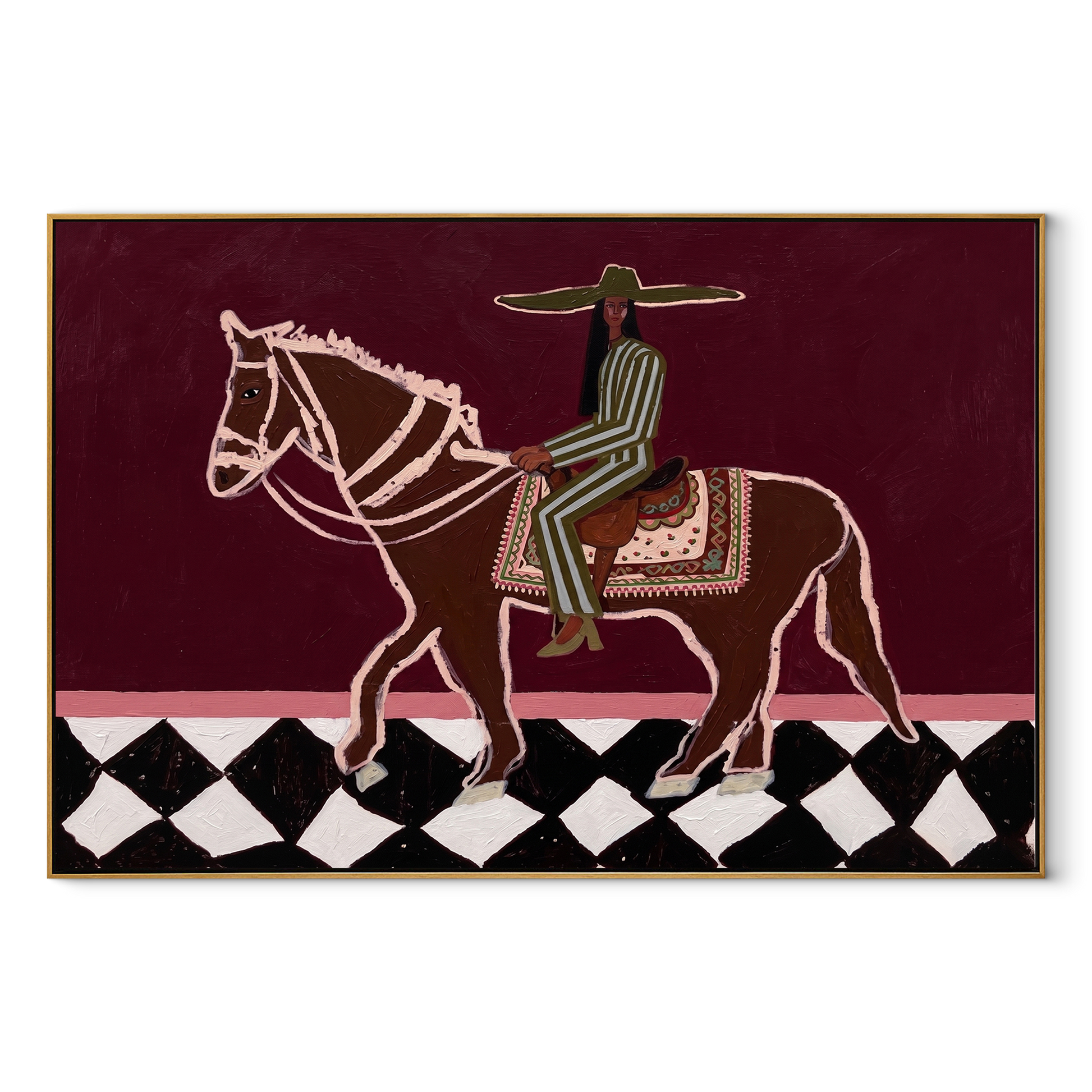 Green Stripes Ride across the Checked Ground - graphic horse rider painting by Isabelle Laurent, modern Western horizontal wall art – wood frame on white background