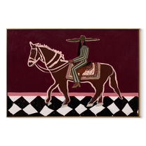 Green Stripes Ride across the Checked Ground - graphic horse rider painting by Isabelle Laurent, modern Western horizontal wall art – wood frame on white background