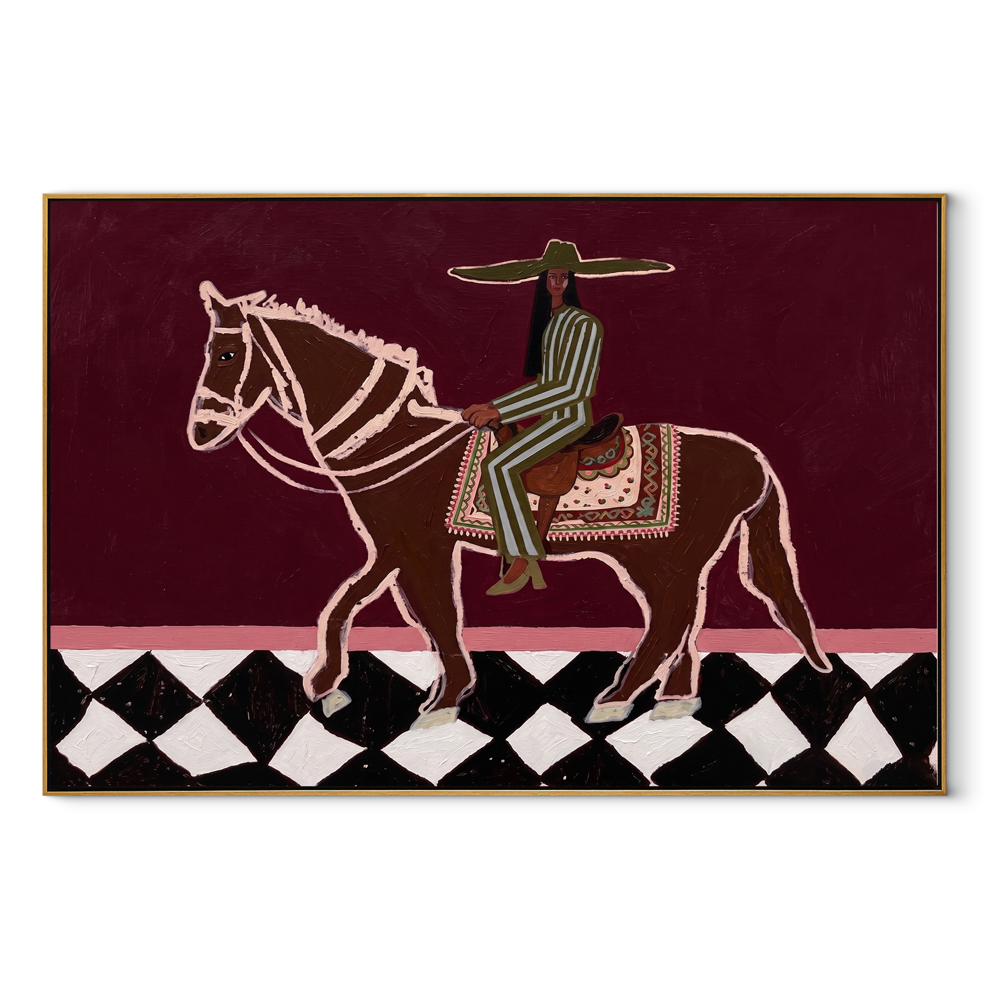 Green Stripes Ride across the Checked Ground - graphic horse rider painting by Isabelle Laurent, modern Western horizontal wall art – wood frame on white background