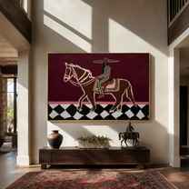 Green Stripes Ride across the Checked Ground - graphic horse rider painting by Isabelle Laurent, modern Western horizontal wall art – styled room scene view 2