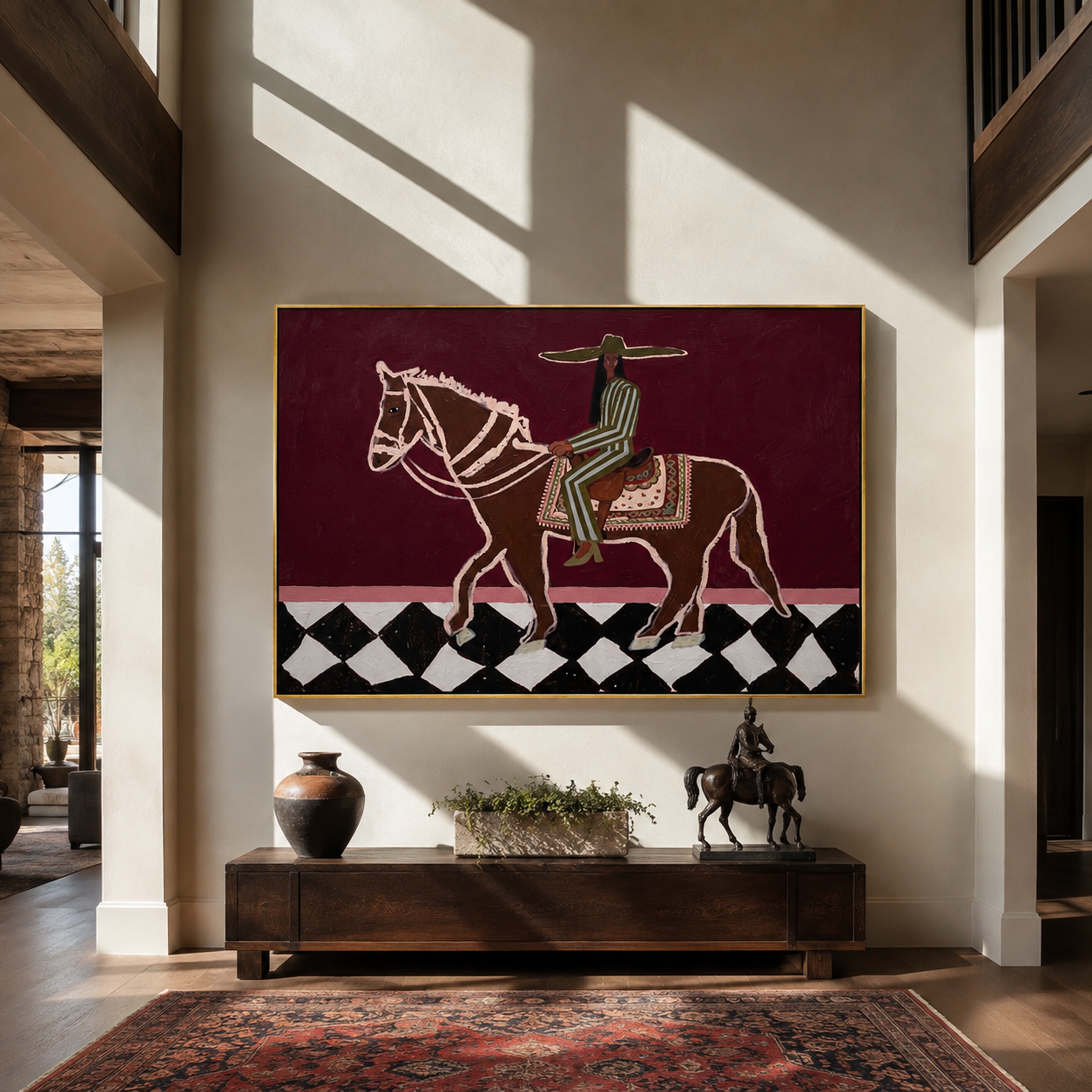 Green Stripes Ride across the Checked Ground - graphic horse rider painting by Isabelle Laurent, modern Western horizontal wall art – styled room scene view 2