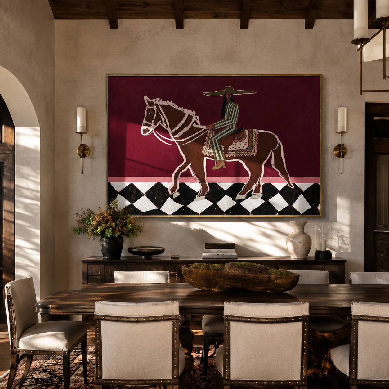 Green Stripes Ride across the Checked Ground - graphic horse rider painting by Isabelle Laurent, modern Western horizontal wall art – styled room scene view 3
