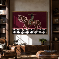 Green Stripes Ride across the Checked Ground - graphic horse rider painting by Isabelle Laurent, modern Western horizontal wall art – styled room scene view 4