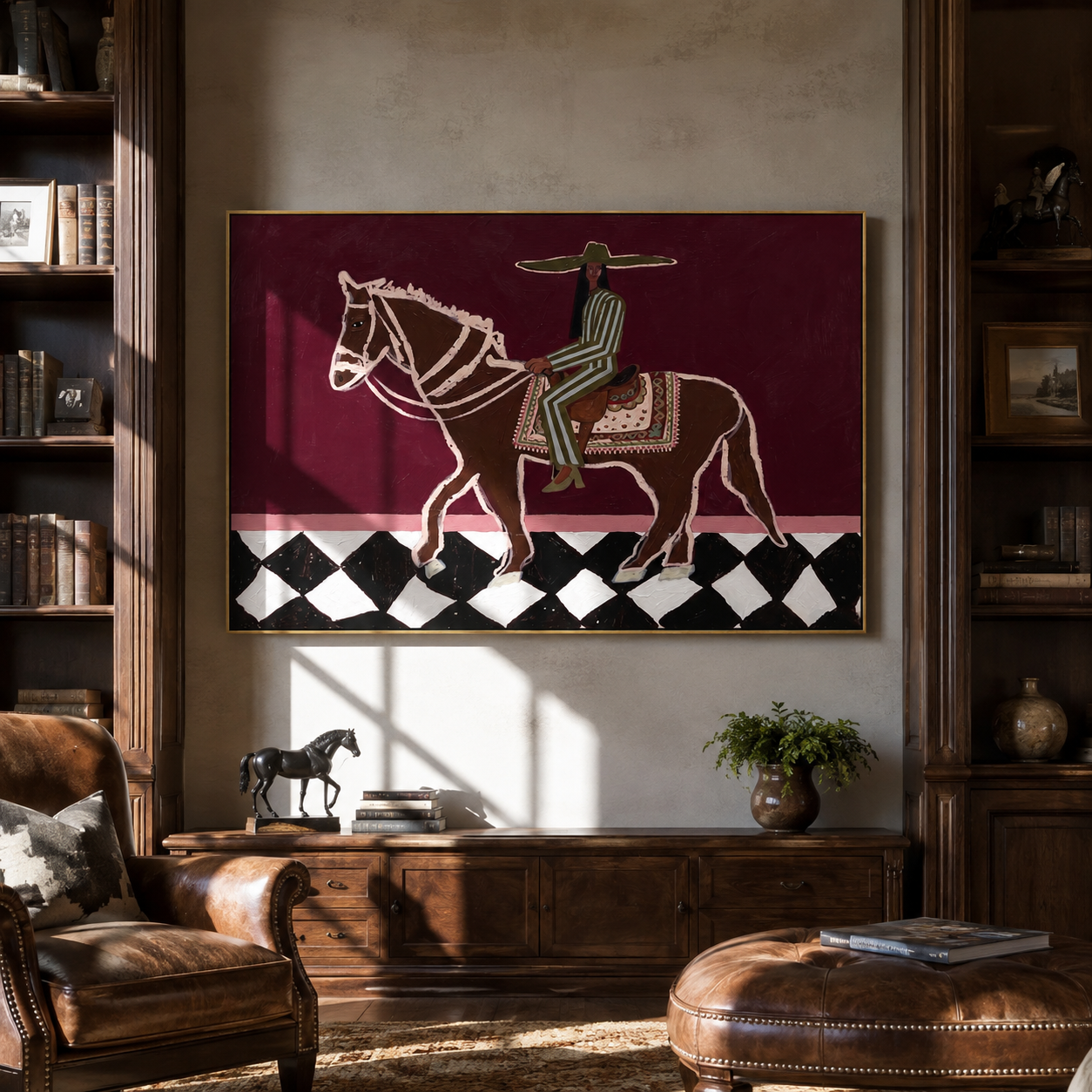 Green Stripes Ride across the Checked Ground - graphic horse rider painting by Isabelle Laurent, modern Western horizontal wall art – styled room scene view 4
