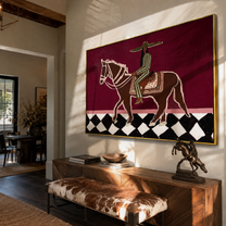 Green Stripes Ride across the Checked Ground - graphic horse rider painting by Isabelle Laurent, modern Western horizontal wall art – styled room scene view 5
