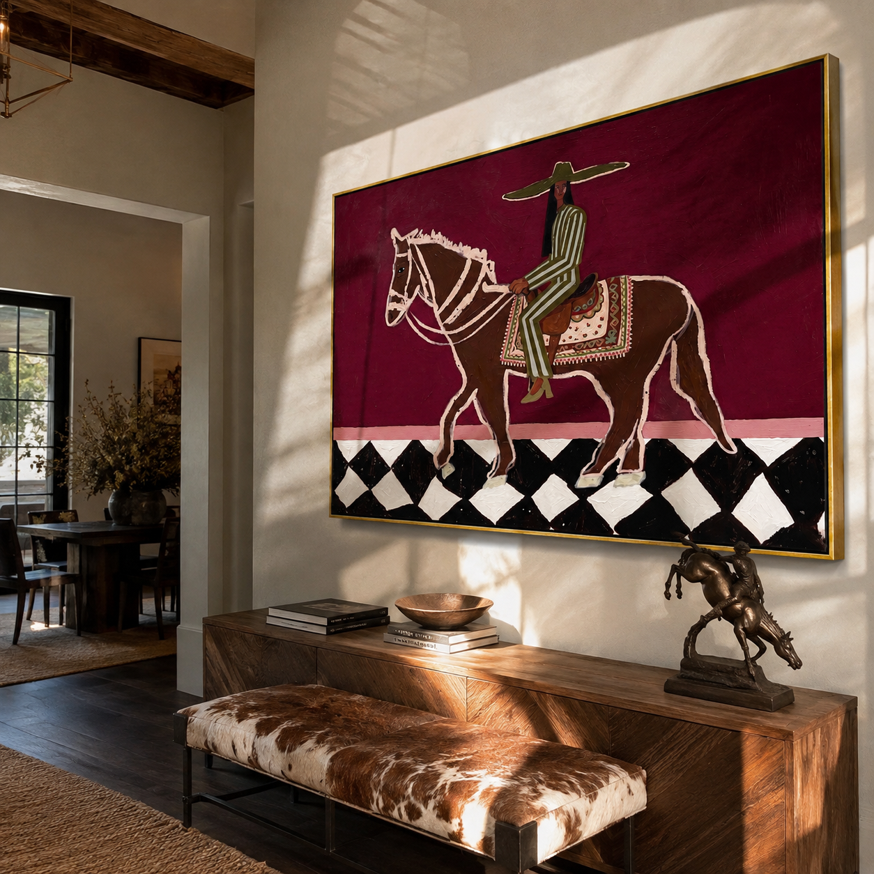 Green Stripes Ride across the Checked Ground - graphic horse rider painting by Isabelle Laurent, modern Western horizontal wall art – styled room scene view 5