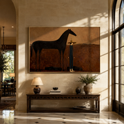 The Quiet Woman Returns beside the Black Horse - woman and black horse painting by Isabelle Laurent, modern Western horizontal wall art – styled room scene view 1