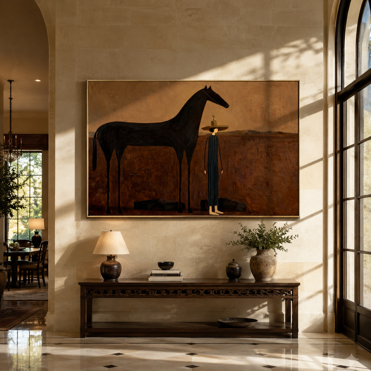 The Quiet Woman Returns beside the Black Horse - woman and black horse painting by Isabelle Laurent, modern Western horizontal wall art – styled room scene view 1