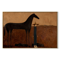 The Quiet Woman Returns beside the Black Horse - woman and black horse painting by Isabelle Laurent, modern Western horizontal wall art – wood frame on white background